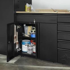 Husky Extra Wide Heavy Duty Welded 20-Gauge Steel 1-Drawer 2-Door Garage Cabinet in Black (32 in. W x 33 in. H x 21.5 in. D) -Tools Sales black husky free standing cabinets htc1000009 ex d4 1000