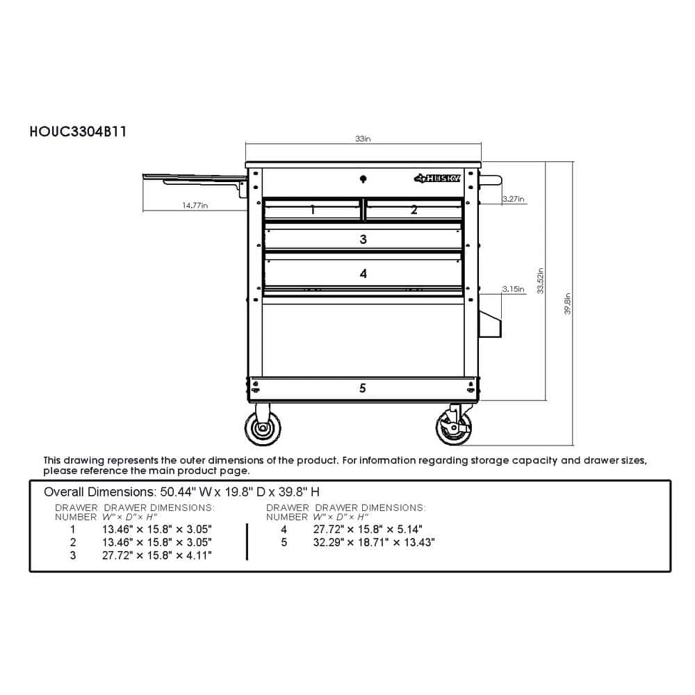 Husky 33 in 4-Drawer Mechanics Cart with Extended Side Table and Bottle Tray 5 Husky 33 in 4-Drawer Mechanics Cart with Extended Side Table and Bottle Tray - Image 3