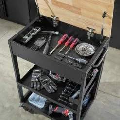 Husky Utility Cart with Wooden Top in Black (24.25 in. W x 37.5 in. H x 17.5 in. D) -Tools Sales black husky utility carts htc1000018 1d 1000