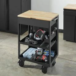 Husky Utility Cart with Wooden Top in Black (24.25 in. W x 37.5 in. H x 17.5 in. D) -Tools Sales black husky utility carts htc1000018 a0 1000