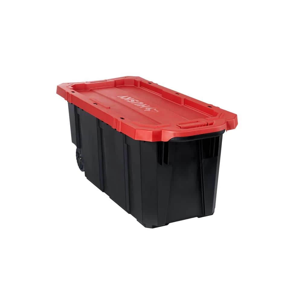 Husky 45 Gal. Latch and Stack Tote with Wheels in Black with Red Lid 3 Husky 45 Gal. Latch and Stack Tote with Wheels in Black with Red Lid