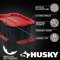 Husky 45 Gal. Latch and Stack Tote with Wheels in Black with Red Lid 19 Husky 45 Gal. Latch and Stack Tote with Wheels in Black with Red Lid -Tools Sales black red husky storage bins 206201 a0 1000