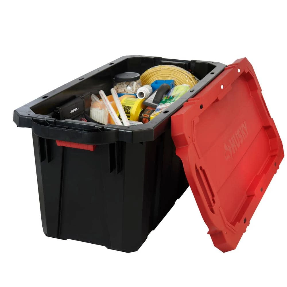 Husky 45 Gal. Latch and Stack Tote with Wheels in Black with Red Lid 4 Husky 45 Gal. Latch and Stack Tote with Wheels in Black with Red Lid - Image 2