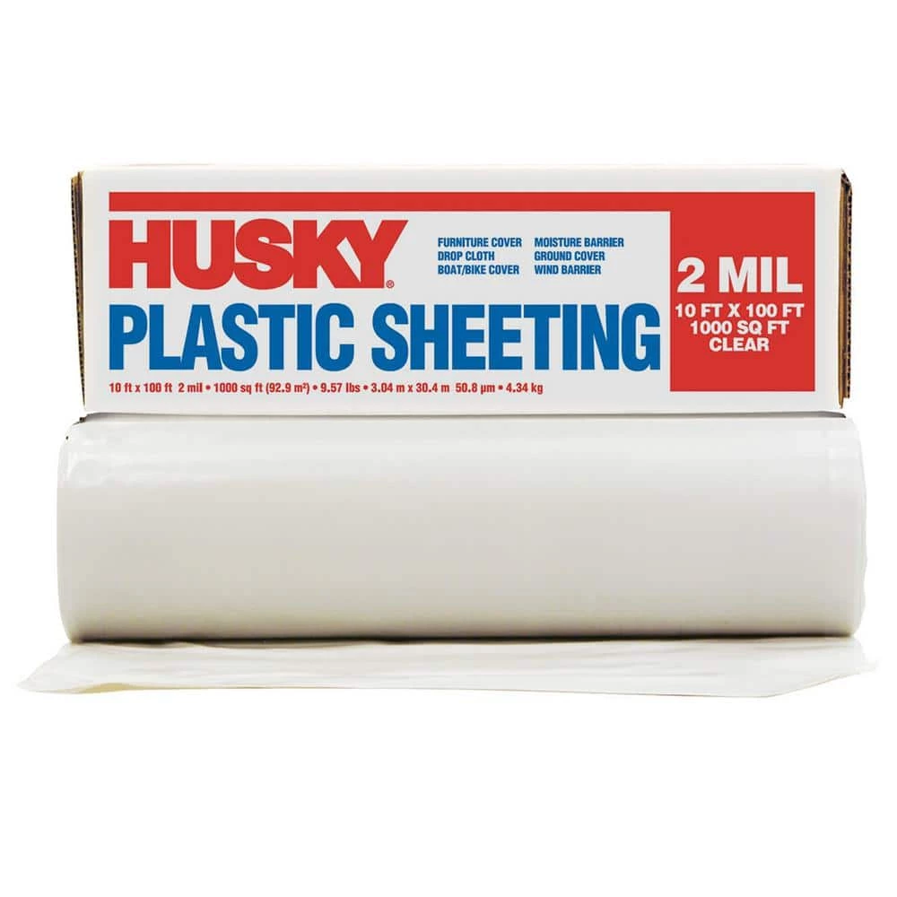 Husky 10 ft. x 100 ft. Clear 2 mil. Plastic Sheeting 3 Husky 10 ft. x 100 ft. Clear 2 mil. Plastic Sheeting
