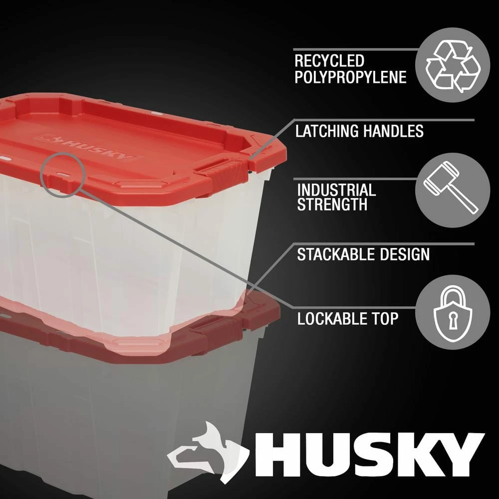 Husky 25 Gal. Latch and Stack Tote in Clear with Red Lid 6 Husky 25 Gal. Latch and Stack Tote in Clear with Red Lid - Image 4
