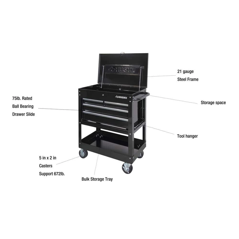 Husky 33 in. W 4-Drawer Mechanics Tool Utility Cart in Gloss Black 5 Husky 33 in. W 4-Drawer Mechanics Tool Utility Cart in Gloss Black - Image 3
