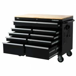 Husky 46 in. W x 24.5 in. D Standard Duty 9-Drawer Mobile Workbench Tool Chest with Solid Wood Top in Gloss Black -Tools Sales gloss black with silver trim husky mobile workbenches h46mwc9v2 44 1000