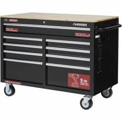 Husky 46 in. W x 24.5 in. D Standard Duty 9-Drawer Mobile Workbench Tool Chest with Solid Wood Top in Gloss Black -Tools Sales gloss black with silver trim husky mobile workbenches h46mwc9v2 76 1000
