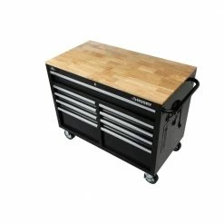 Husky 46 in. W x 24.5 in. D Standard Duty 9-Drawer Mobile Workbench Tool Chest with Solid Wood Top in Gloss Black -Tools Sales gloss black with silver trim husky mobile workbenches h46mwc9v2 a0 1000