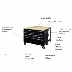 Husky 46 in.W x 51 in. D Standard Duty 9-Drawer Mobile Workbench with Solid Top Full Length Extension Table in Black 21 Husky 46 in.W x 51 in. D Standard Duty 9-Drawer Mobile Workbench with Solid Top Full Length Extension Table in Black -Tools Sales gloss black with silver trim husky mobile workbenches hotc4609b15m 1d 1000