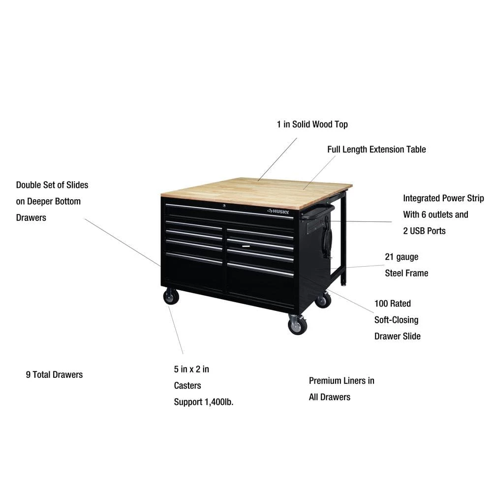 Husky 46 in.W x 51 in. D Standard Duty 9-Drawer Mobile Workbench with Solid Top Full Length Extension Table in Black 7 Husky 46 in.W x 51 in. D Standard Duty 9-Drawer Mobile Workbench with Solid Top Full Length Extension Table in Black - Image 5