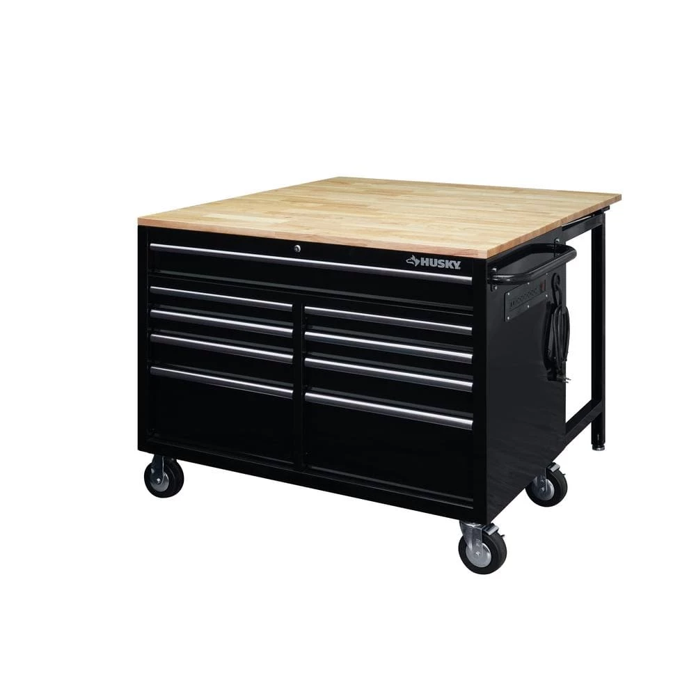 Husky 46 in.W x 51 in. D Standard Duty 9-Drawer Mobile Workbench with Solid Top Full Length Extension Table in Black 3 Husky 46 in.W x 51 in. D Standard Duty 9-Drawer Mobile Workbench with Solid Top Full Length Extension Table in Black