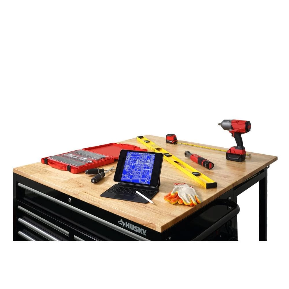 Husky 46 in.W x 51 in. D Standard Duty 9-Drawer Mobile Workbench with Solid Top Full Length Extension Table in Black 6 Husky 46 in.W x 51 in. D Standard Duty 9-Drawer Mobile Workbench with Solid Top Full Length Extension Table in Black - Image 4