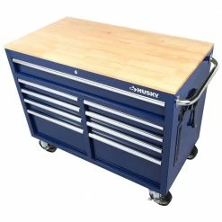 Husky 46 in. W x 24.5 in. D Standard Duty 9-Drawer Mobile Workbench Tool Chest with Solid Wood Top in Gloss Blue -Tools Sales gloss blue with silver trim husky mobile workbenches h46mwc9gbv2 1d 1000