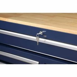 Husky 46 in. W x 24.5 in. D Standard Duty 9-Drawer Mobile Workbench Tool Chest with Solid Wood Top in Gloss Blue -Tools Sales gloss blue with silver trim husky mobile workbenches h46mwc9gbv2 1f 1000