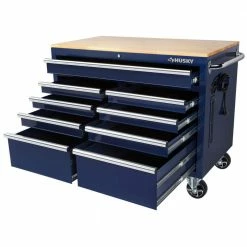 Husky 46 in. W x 24.5 in. D Standard Duty 9-Drawer Mobile Workbench Tool Chest with Solid Wood Top in Gloss Blue -Tools Sales gloss blue with silver trim husky mobile workbenches h46mwc9gbv2 a0 1000