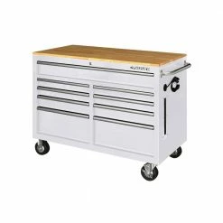 Husky 46 in. W x 24.5 in D Standard Duty 9-Drawer Mobile Workbench Tool Chest with Solid Wood Top in Gloss White