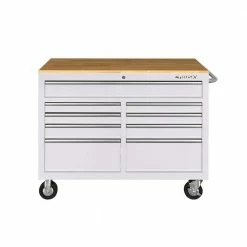 Husky 46 in. W x 24.5 in D Standard Duty 9-Drawer Mobile Workbench Tool Chest with Solid Wood Top in Gloss White 20 Husky 46 in. W x 24.5 in D Standard Duty 9-Drawer Mobile Workbench Tool Chest with Solid Wood Top in Gloss White -Tools Sales gloss white with silver trim husky mobile workbenches hotc4609bj6m c3 1000