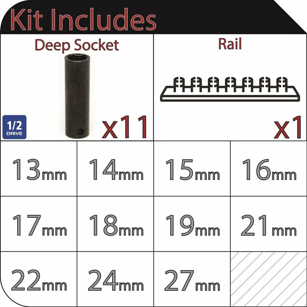 Husky 1/2 in. Drive Deep Metric Impact Socket Set (11-Piece) 4 Husky 1/2 in. Drive Deep Metric Impact Socket Set (11-Piece) - Image 2