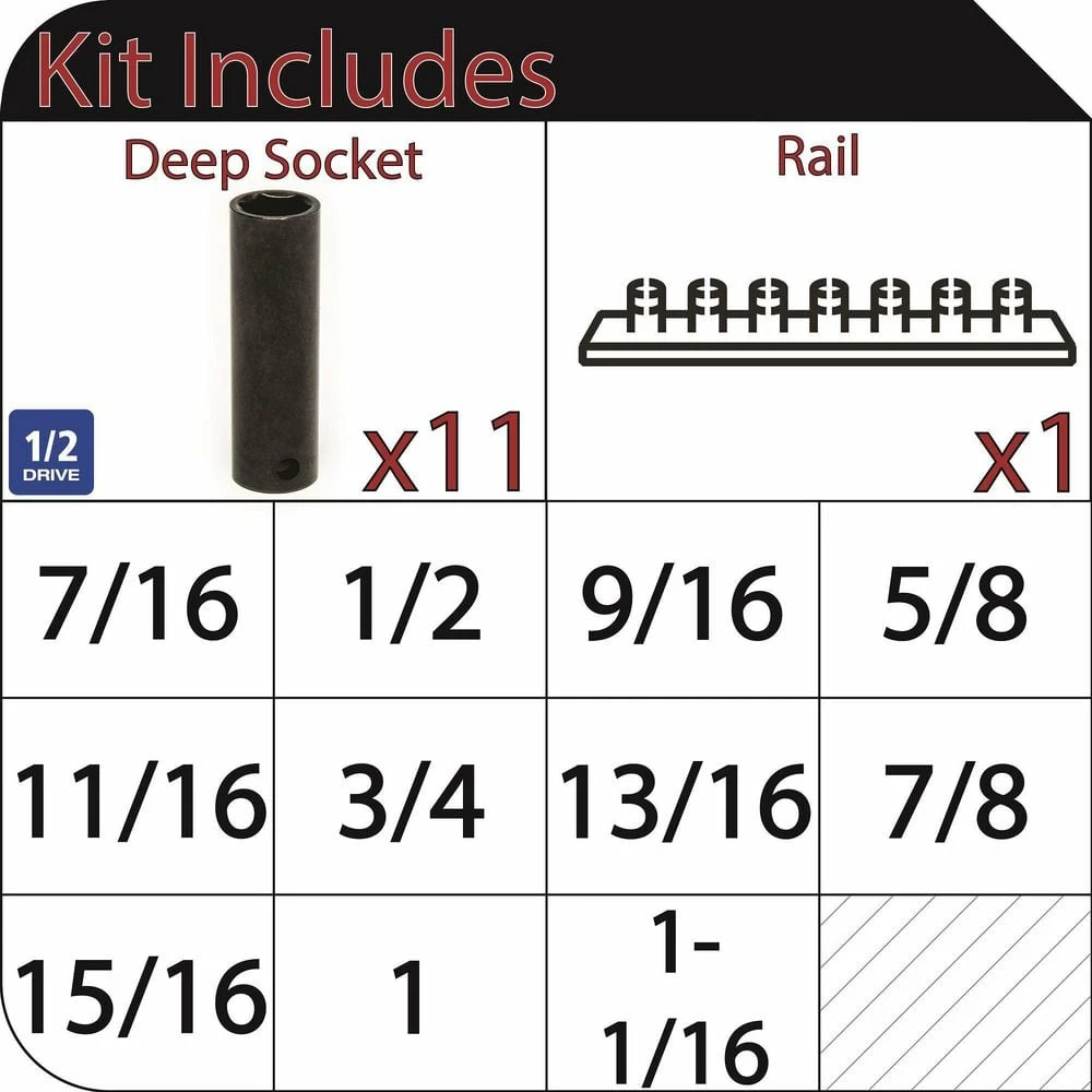 Husky 1/2 in. Drive Deep SAE Impact Socket Set (11-Piece) 4 Husky 1/2 in. Drive Deep SAE Impact Socket Set (11-Piece) - Image 2
