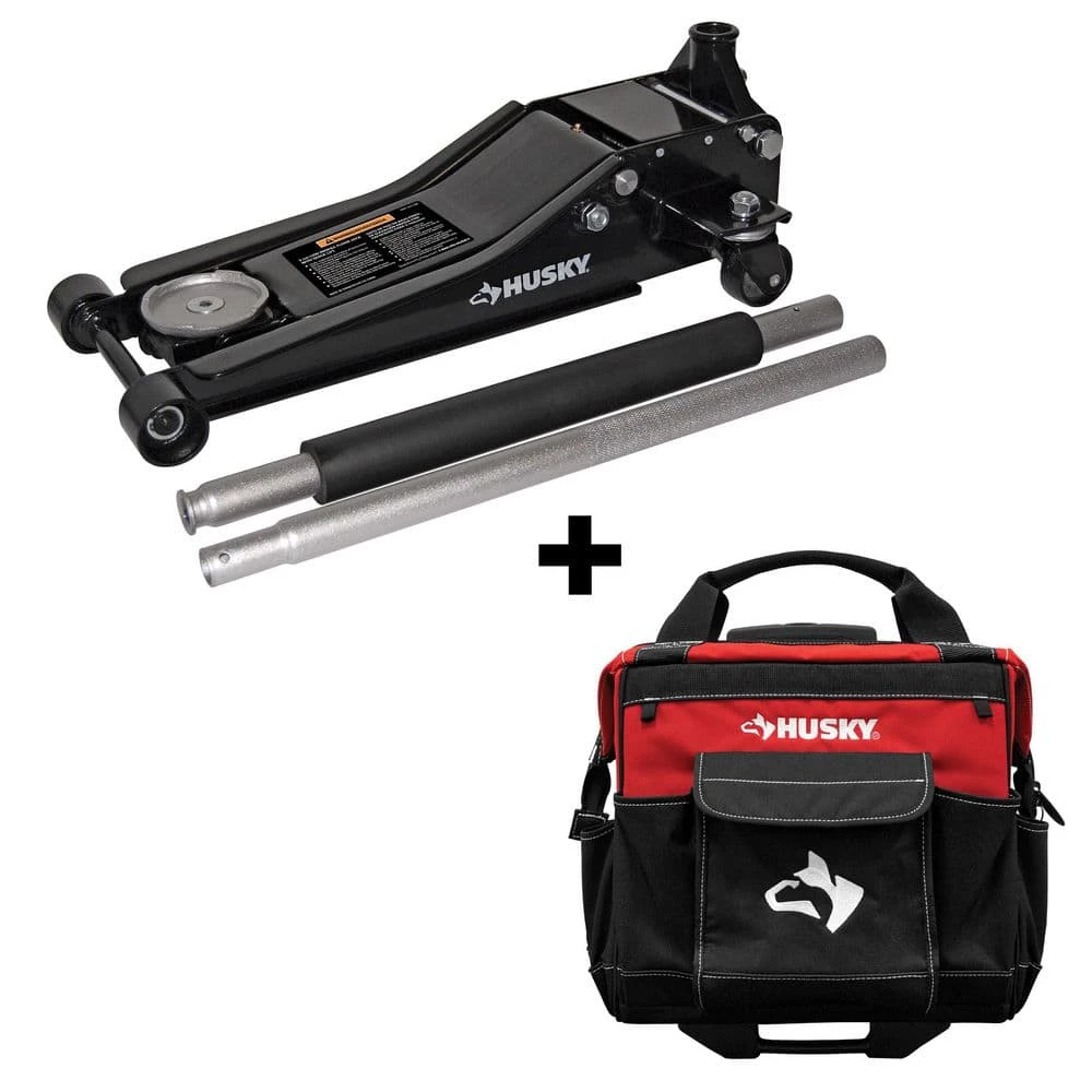 Husky 3-Ton Low Profile Floor Jack with Quick Lift with 14 in. 13 Pocket Rolling Tool Bag 2 Husky 3-Ton Low Profile Floor Jack with Quick Lift with 14 in. 13 Pocket Rolling Tool Bag