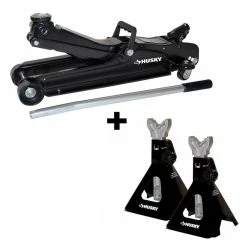 Husky 2-1/2-Ton Low Profile Floor Jack with Quick Lift and Jack Stand Pair