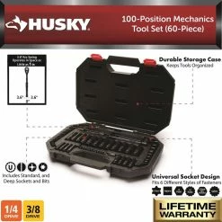 Husky 3/8 in. Drive 100-Position Universal SAE and Metric Mechanics Tool Set (60-Piece) -Tools Sales husky mechanics tool sets h10060mtsrm 40 1000