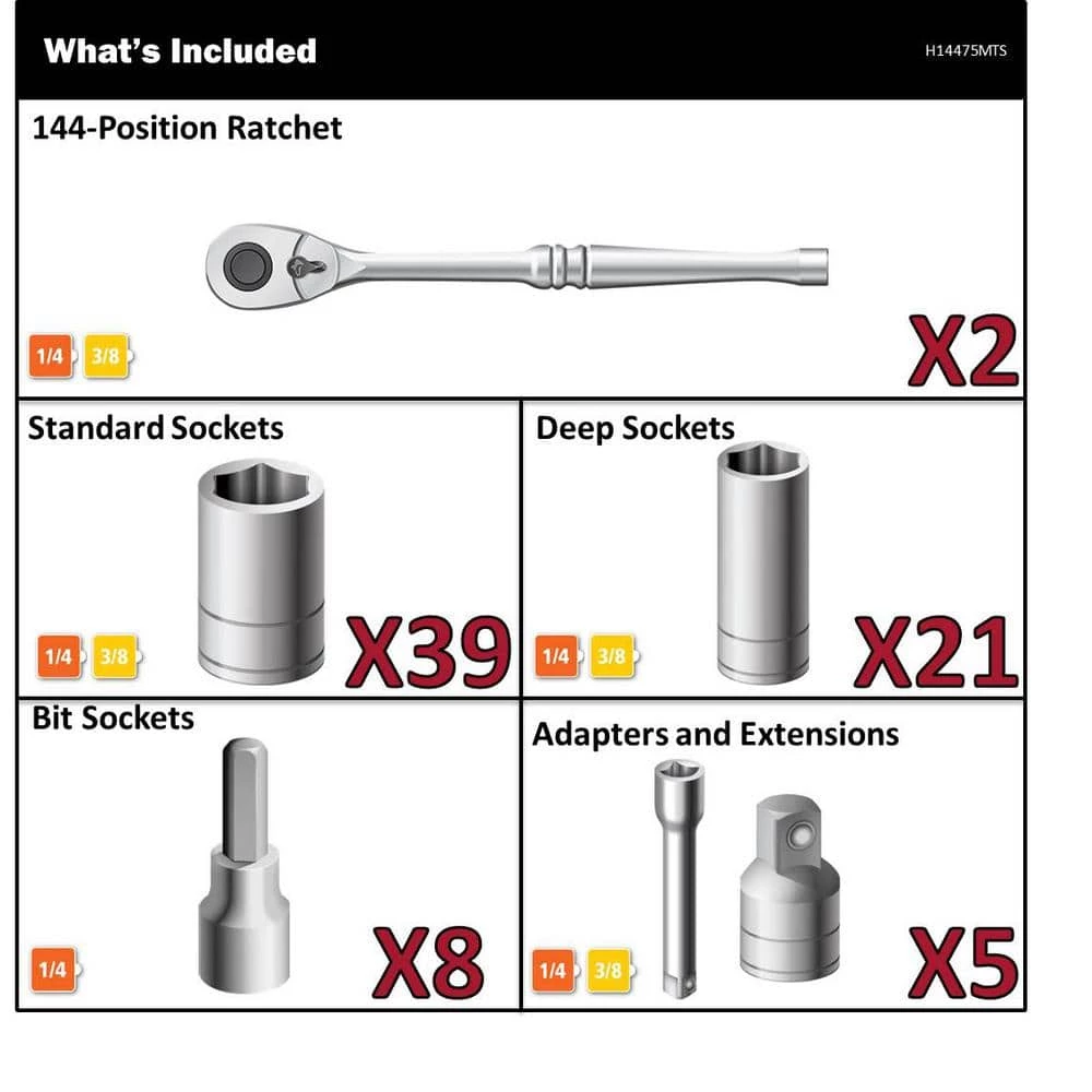 Husky 144-Position 1/4 in. and 3/8 in. Drive Mechanics Tool Set (75-Piece) 4 Husky 144-Position 1/4 in. and 3/8 in. Drive Mechanics Tool Set (75-Piece) - Image 2