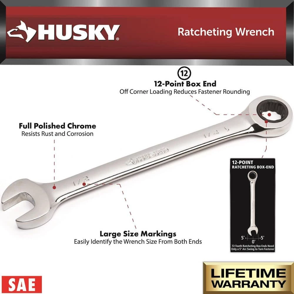 Husky Ratcheting SAE Combination Wrench Set (11-Piece) 5 Husky Ratcheting SAE Combination Wrench Set (11-Piece) - Image 3