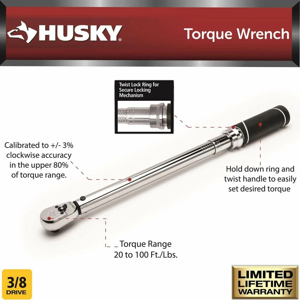 Husky 20 ft. /lbs. to 100 ft. /lbs. 3/8 in. Drive Torque Wrench 4 Husky 20 ft. /lbs. to 100 ft. /lbs. 3/8 in. Drive Torque Wrench - Image 2