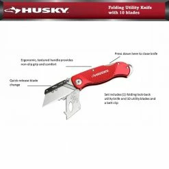 Husky Folding Lock-Back Utility Knife, Red with 10-Blades -Tools Sales husky utility knives 99979 4f 1000