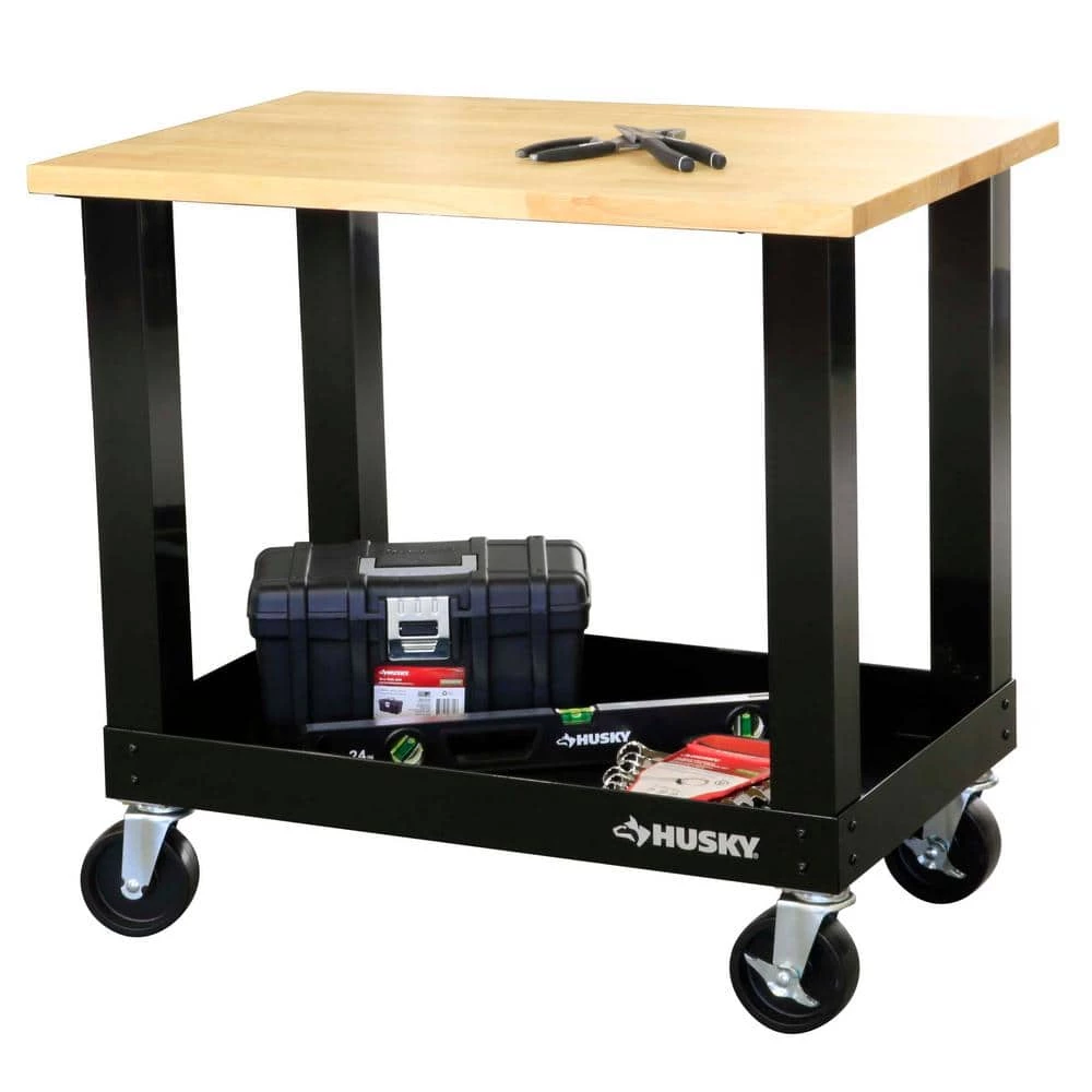 Husky 3 ft. Portable Solid Wood Top Workbench with Casters in Black 5 Husky 3 ft. Portable Solid Wood Top Workbench with Casters in Black - Image 3