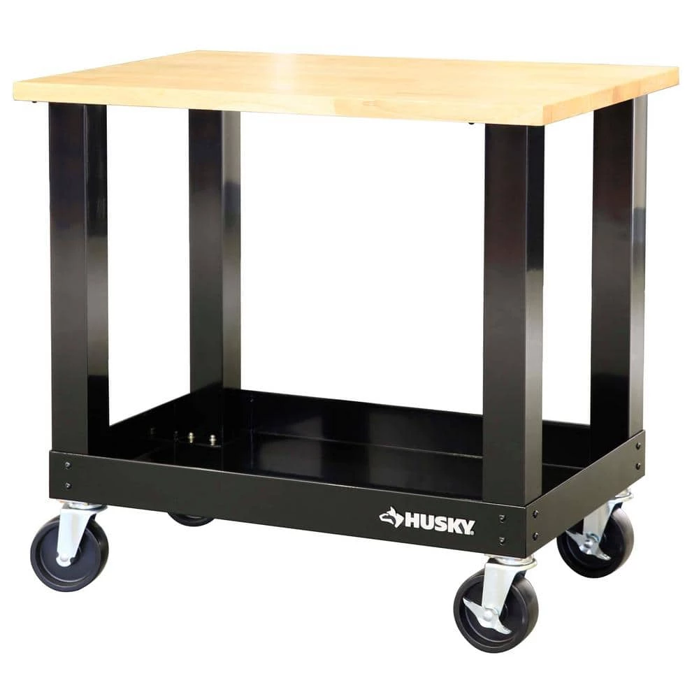 Husky 3 ft. Portable Solid Wood Top Workbench with Casters in Black 3 Husky 3 ft. Portable Solid Wood Top Workbench with Casters in Black