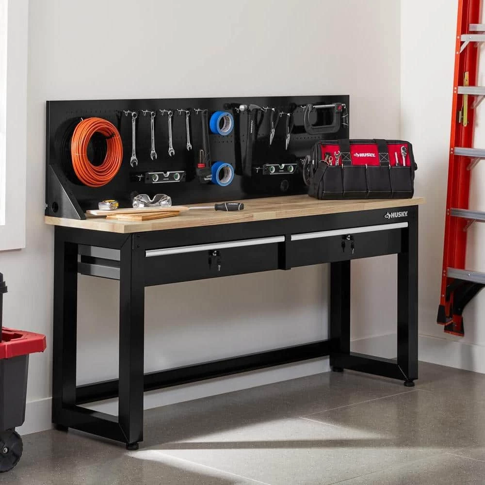 Husky 6 ft. Solid Wood Top Workbench in Black with Pegboard and 2 Drawers 7 Husky 6 ft. Solid Wood Top Workbench in Black with Pegboard and 2 Drawers - Image 5