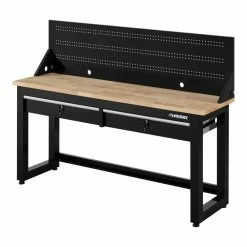 Husky 6 ft. Solid Wood Top Workbench in Black with Pegboard and 2 Drawers