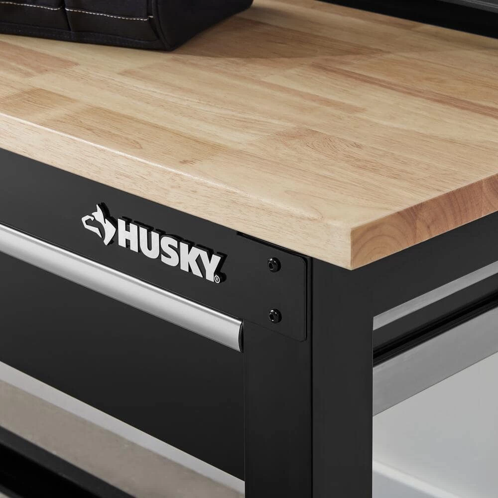 Husky 6 ft. Solid Wood Top Workbench in Black with Pegboard and 2 Drawers 4 Husky 6 ft. Solid Wood Top Workbench in Black with Pegboard and 2 Drawers - Image 2