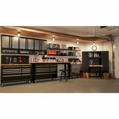 Husky 8 ft. Adjustable Height Solid Wood Top Workbench in Black for Ready to Assemble Steel Garage Storage System -Tools Sales husky workbenches g9600 us1 e1 1000