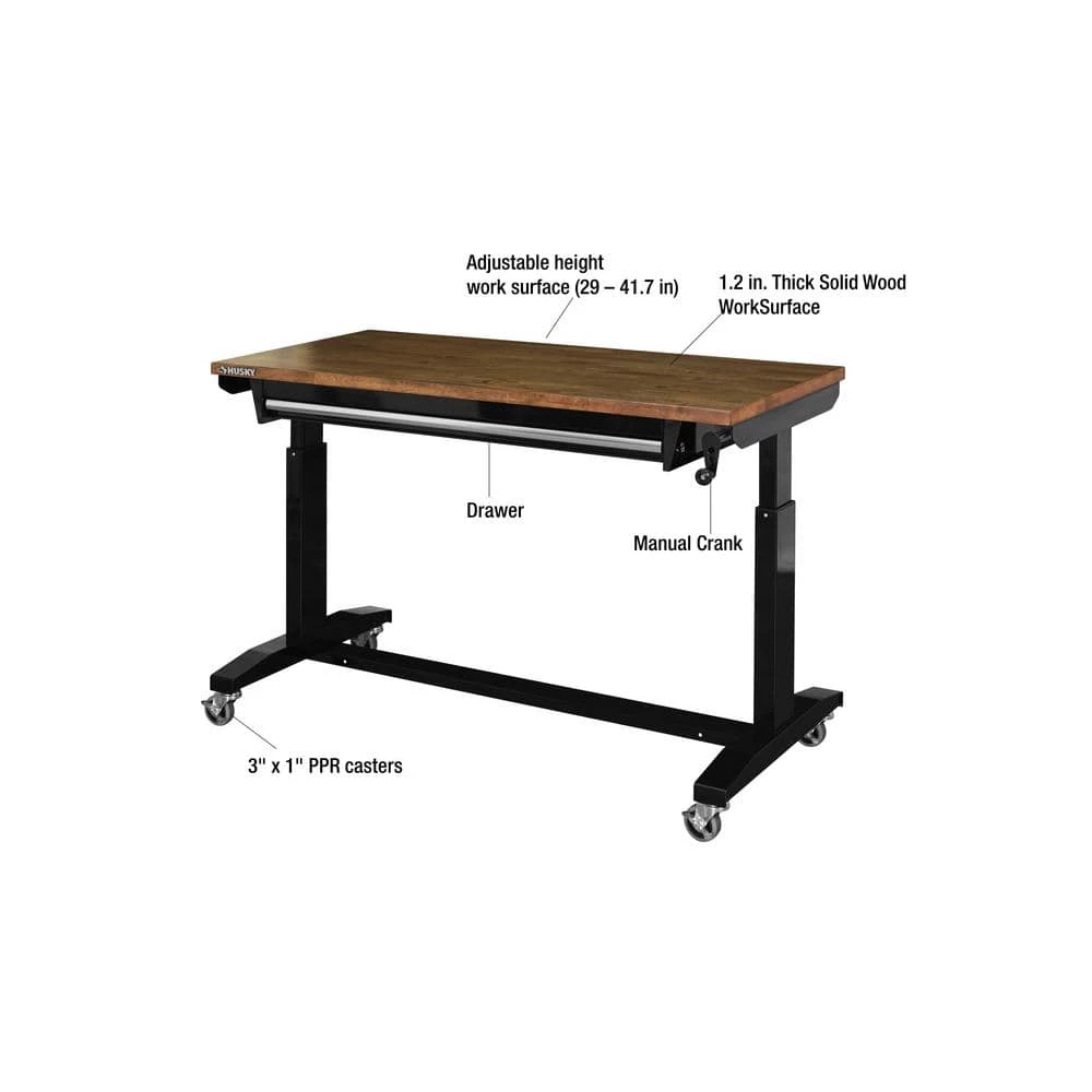 Husky 52 in.W x 24 in. D Steel 1-Drawer Adjustable Height Workbench with Dark Stained Wood Top in Gloss Black 15 Husky 52 in.W x 24 in. D Steel 1-Drawer Adjustable Height Workbench with Dark Stained Wood Top in Gloss Black - Image 13