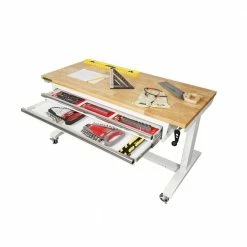 Husky 52 in. W x 24 in. D Steel 2-Drawer Adjustable Height Solid Wood Top Workbench Table in White -Tools Sales husky workbenches holt5202bj2 c3 1000
