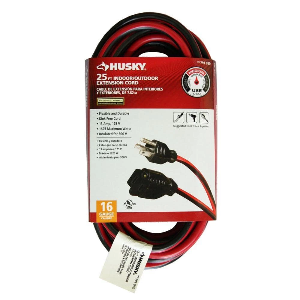 Husky 25 ft. 16/3 Medium-Duty Indoor/Outdoor Extension Cord, Red and Black 3 Husky 25 ft. 16/3 Medium-Duty Indoor/Outdoor Extension Cord, Red and Black