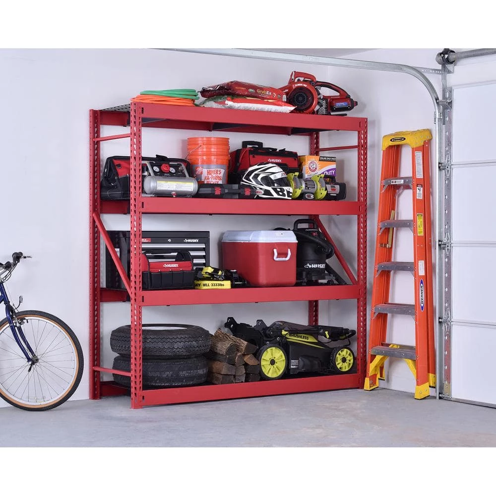 Husky 4-Tier Industrial Duty Steel Freestanding Garage Storage Shelving Unit in Red (77 in. W x 78 in. H x 24 in. D) 4 Husky 4-Tier Industrial Duty Steel Freestanding Garage Storage Shelving Unit in Red (77 in. W x 78 in. H x 24 in. D) - Image 2