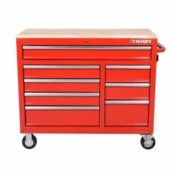 Husky 42 in. W x 18.1 in. D 8-Drawer Red Mobile Workbench Cabinet with Solid Wood Top -Tools Sales red husky mobile workbenches h42mwc8red 40 1000